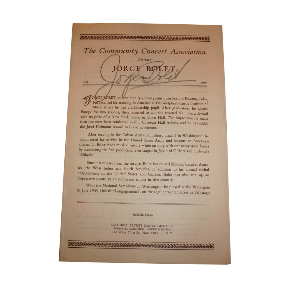 Vintage 1951 Signed Jorge Bolet Piano Concert Program Community Concerts